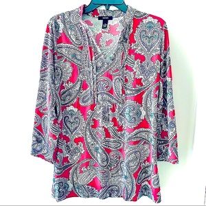 Alfani Paisley Print Stretchy Long Sleeve Top Coral/Green/White/Black Size M